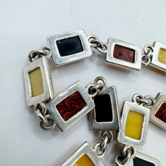 Bezel Set Amber Sterling Silver Link Bracelet Baltic Butter Cognac Honey Amber - Picture 3 of 13